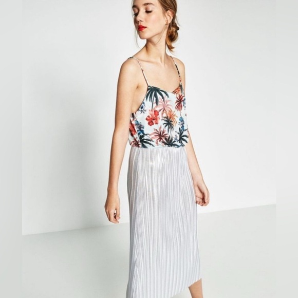 Zara tropical camisole style pleated midi dress Sz small - Picture 1 of 9